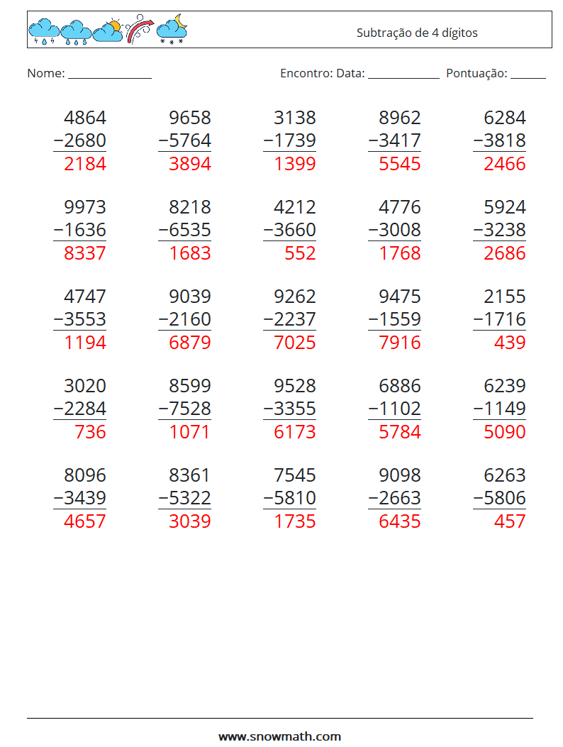 (25) Subtração de 4 dígitos planilhas matemáticas 15 Pergunta, Resposta