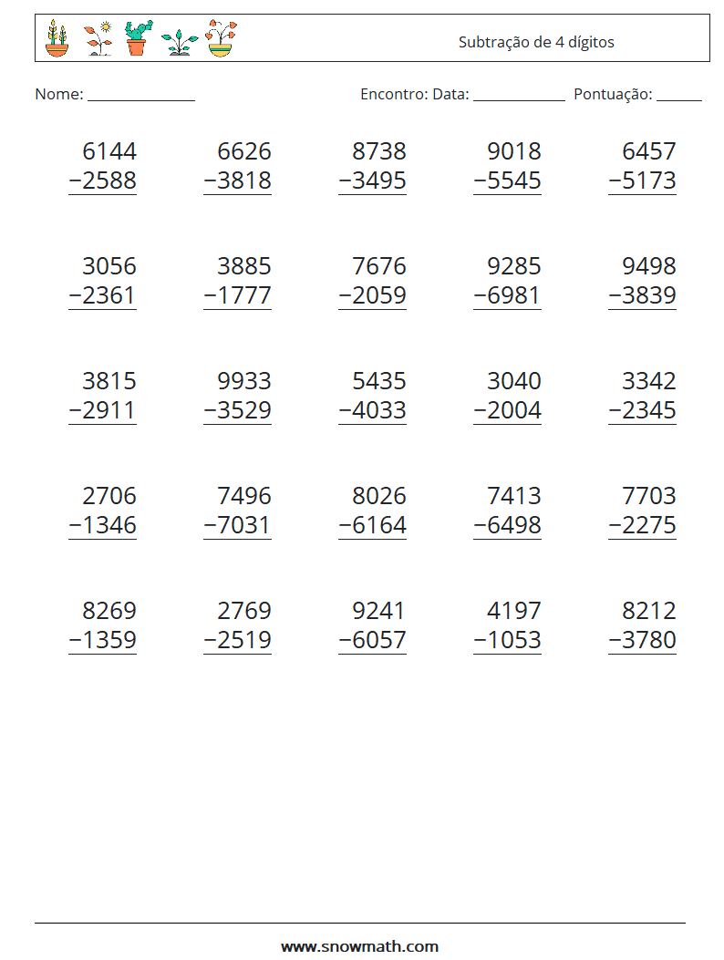 (25) Subtração de 4 dígitos planilhas matemáticas 16