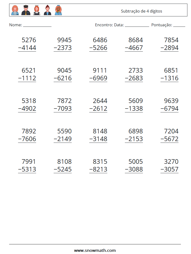 (25) Subtração de 4 dígitos planilhas matemáticas 17