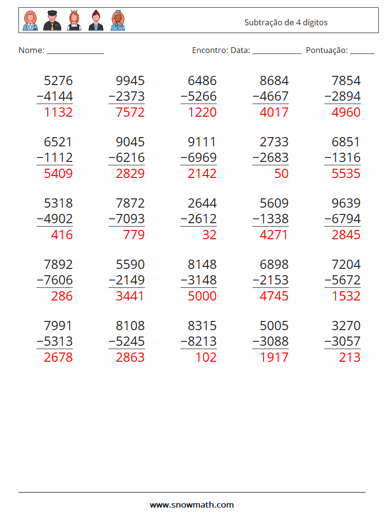 (25) Subtração de 4 dígitos planilhas matemáticas 17 Pergunta, Resposta