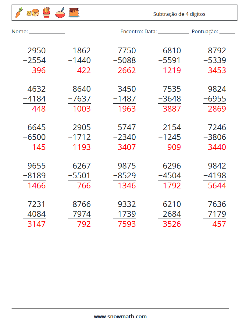 (25) Subtração de 4 dígitos planilhas matemáticas 18 Pergunta, Resposta