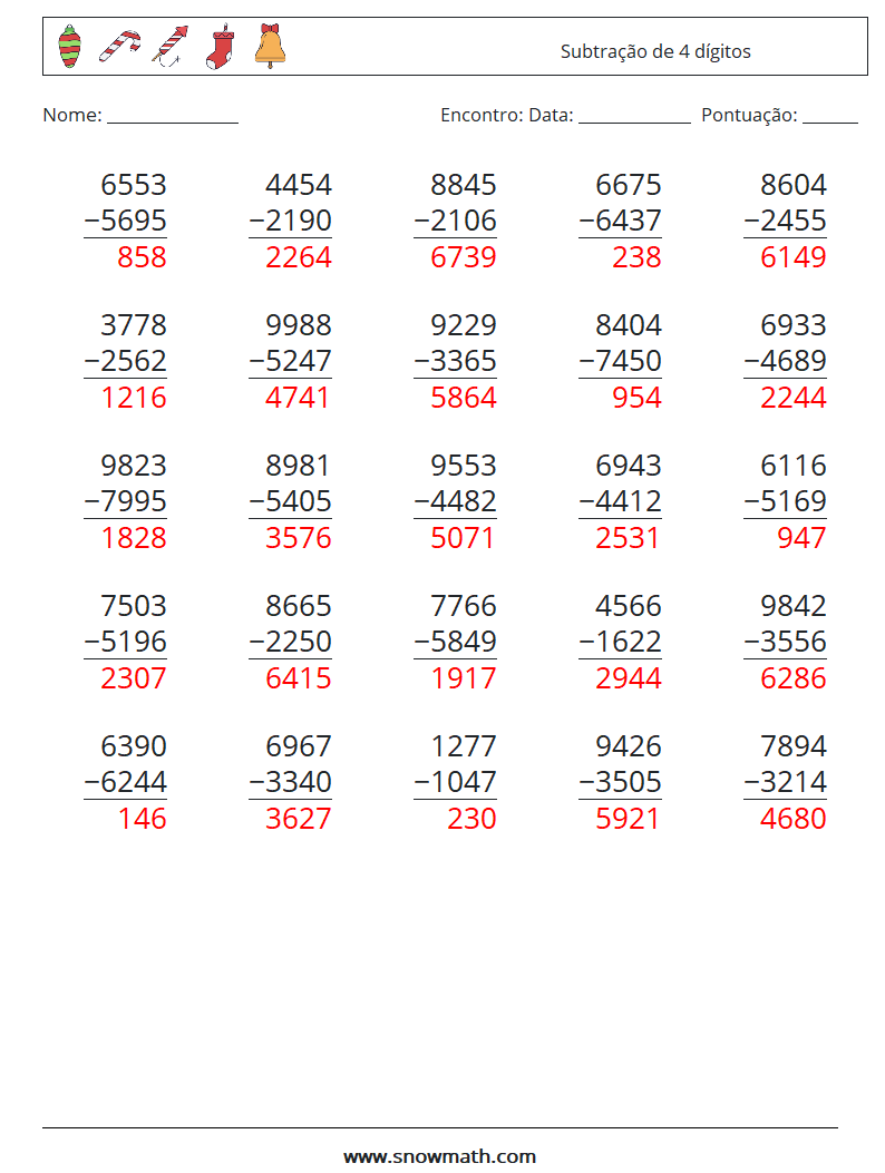 (25) Subtração de 4 dígitos planilhas matemáticas 1 Pergunta, Resposta