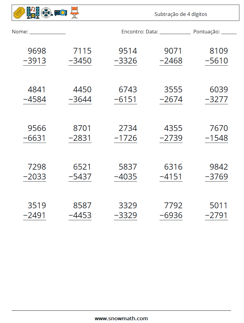 (25) Subtração de 4 dígitos planilhas matemáticas 2