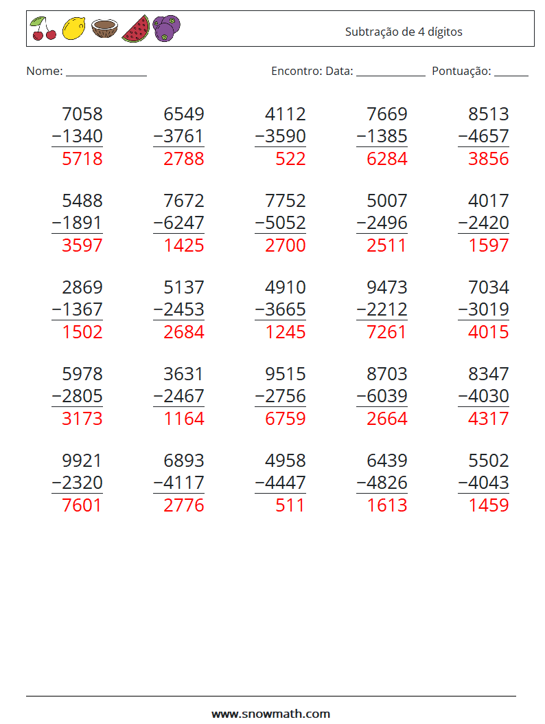 (25) Subtração de 4 dígitos planilhas matemáticas 3 Pergunta, Resposta