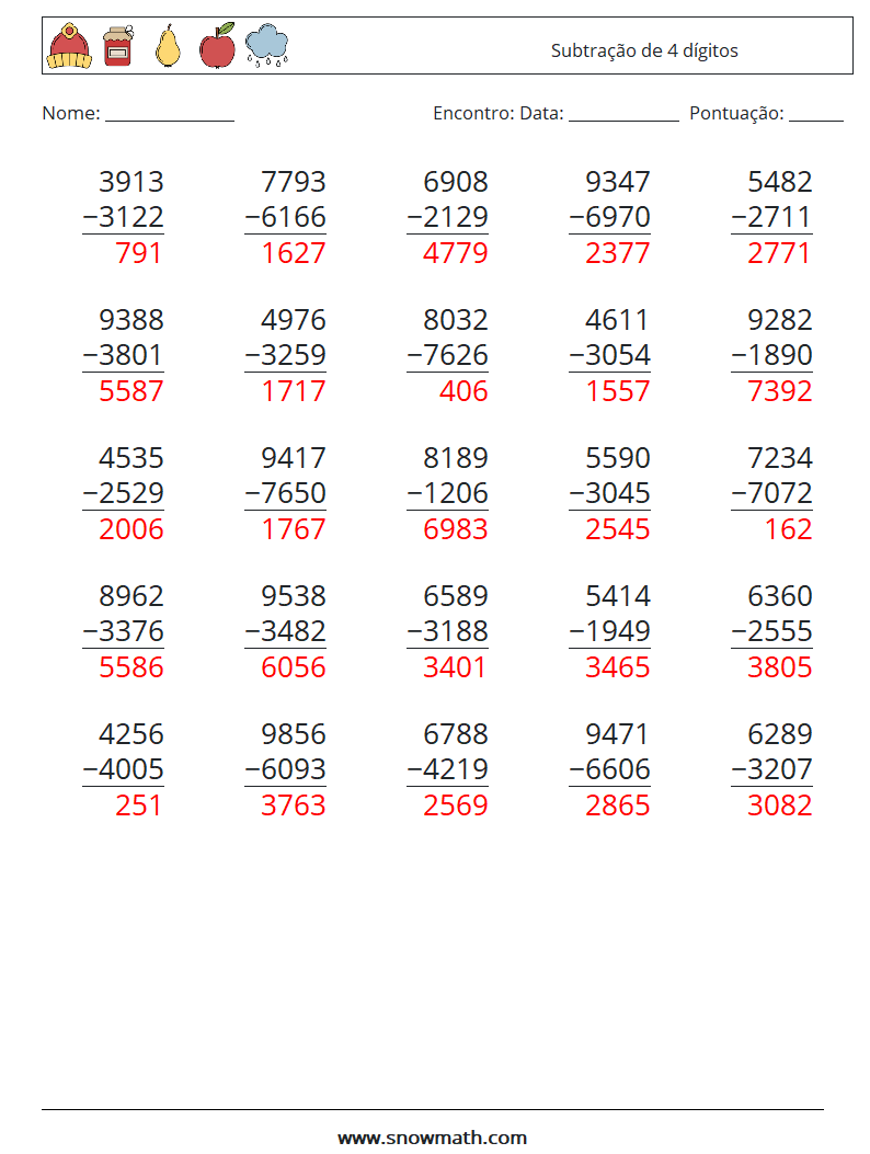 (25) Subtração de 4 dígitos planilhas matemáticas 4 Pergunta, Resposta