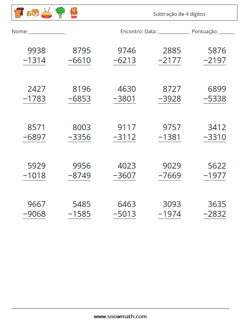 (25) Subtração de 4 dígitos planilhas matemáticas 5