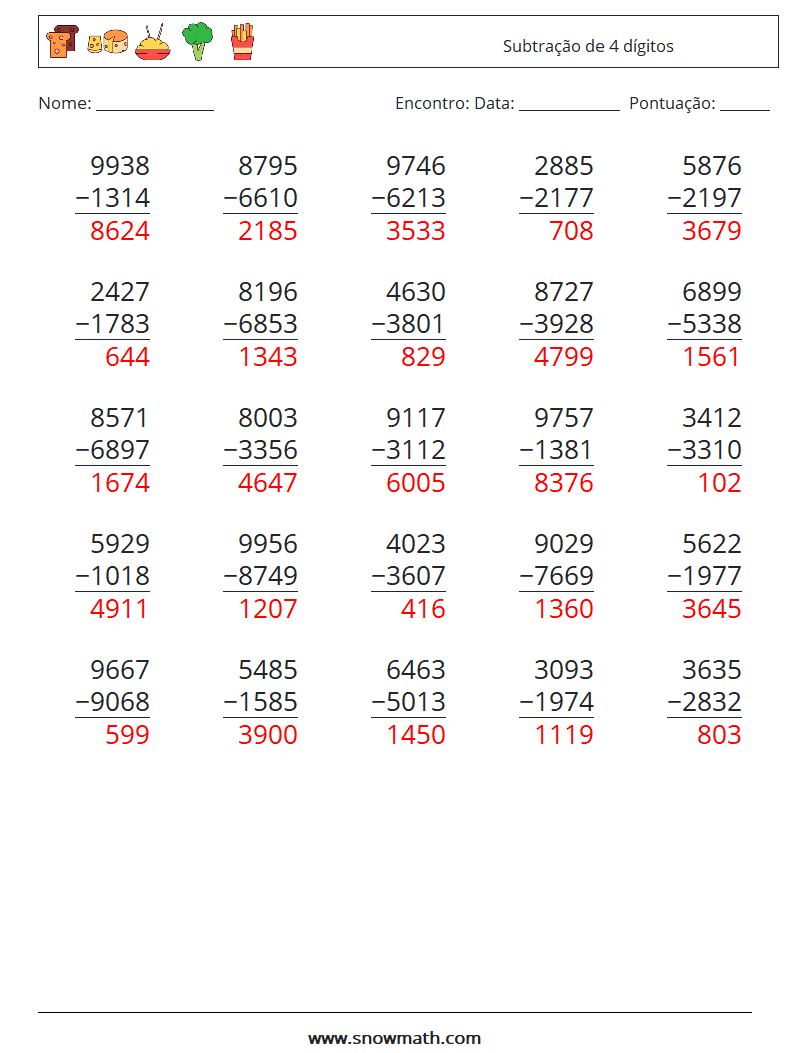 (25) Subtração de 4 dígitos planilhas matemáticas 5 Pergunta, Resposta