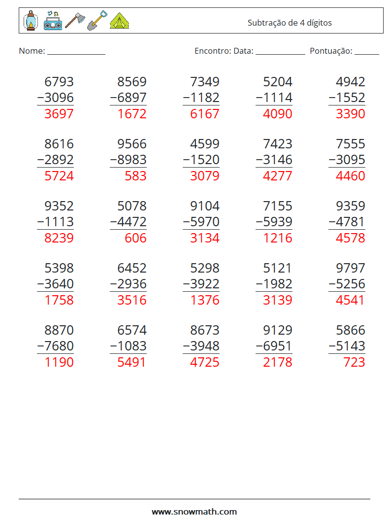 (25) Subtração de 4 dígitos planilhas matemáticas 6 Pergunta, Resposta