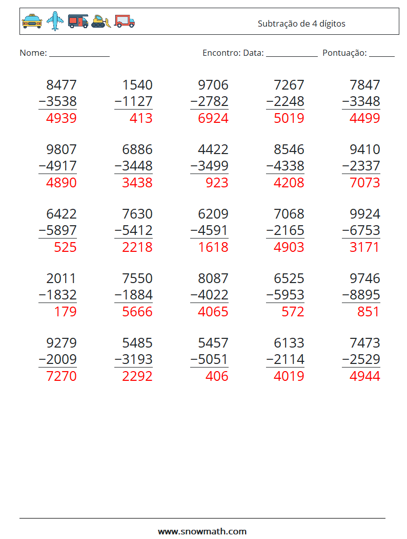 (25) Subtração de 4 dígitos planilhas matemáticas 7 Pergunta, Resposta