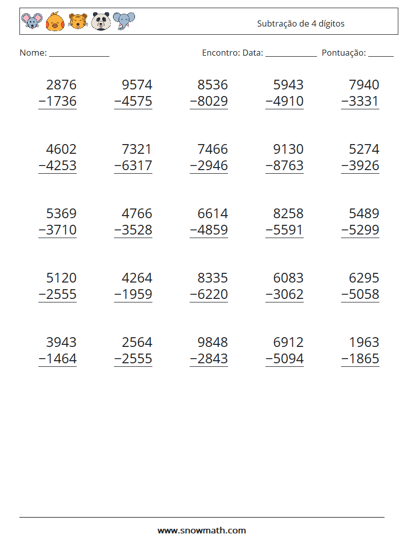 (25) Subtração de 4 dígitos planilhas matemáticas 8