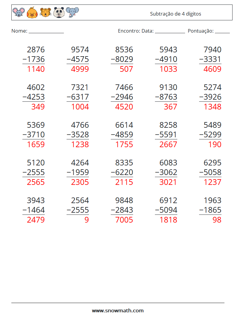 (25) Subtração de 4 dígitos planilhas matemáticas 8 Pergunta, Resposta