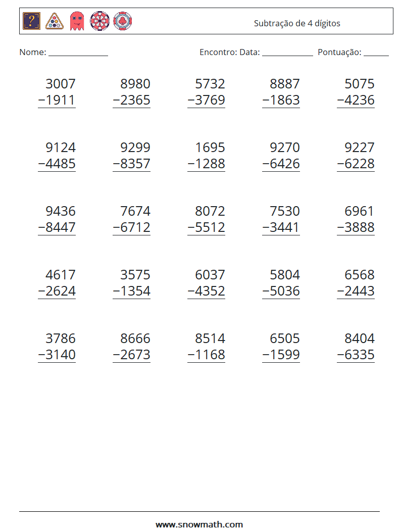 (25) Subtração de 4 dígitos planilhas matemáticas 9