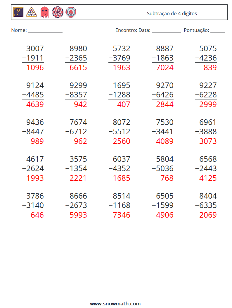 (25) Subtração de 4 dígitos planilhas matemáticas 9 Pergunta, Resposta