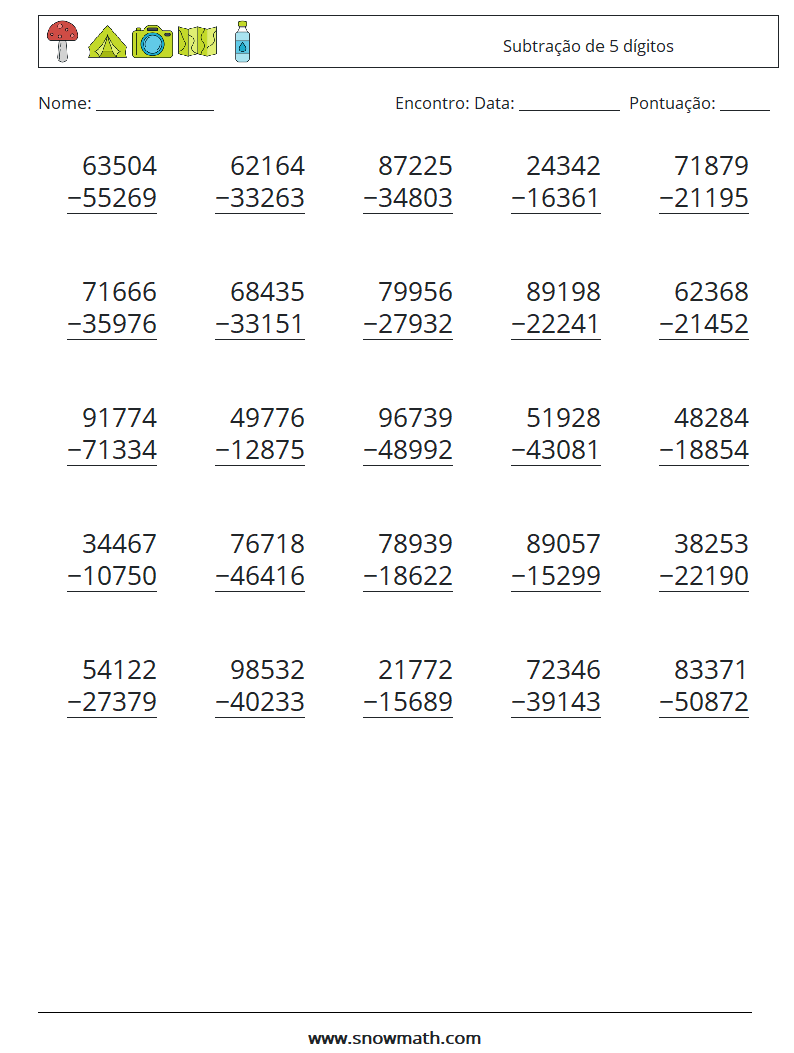 (25) Subtração de 5 dígitos planilhas matemáticas 1