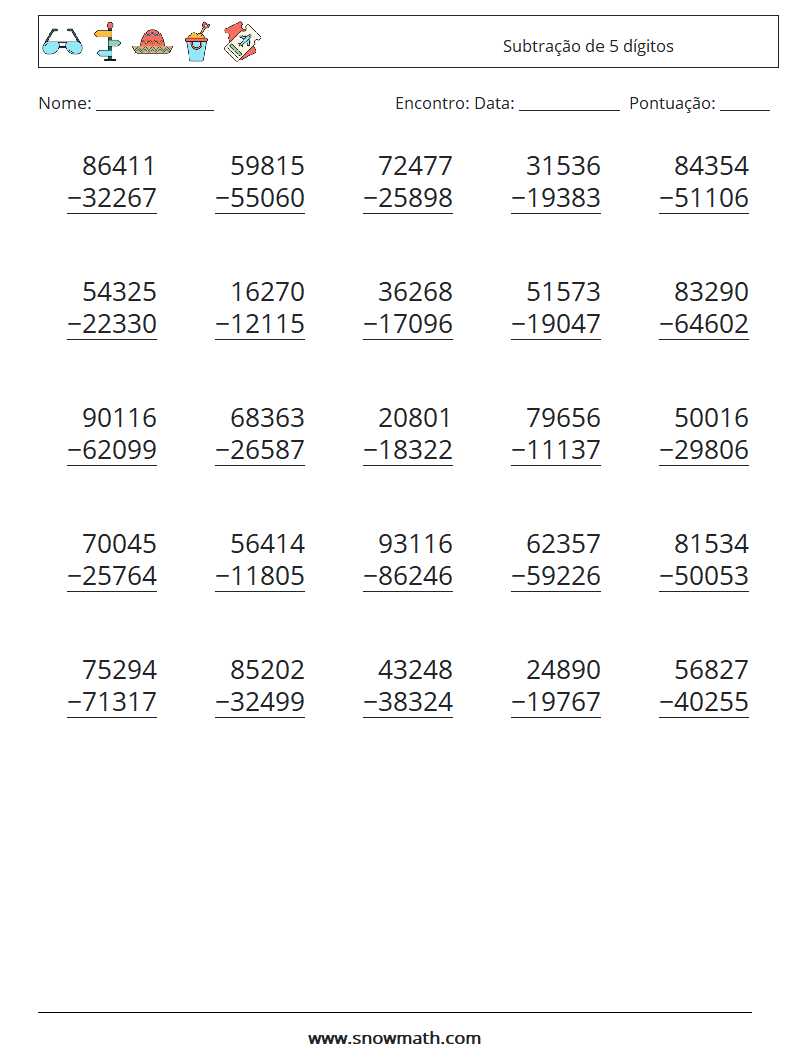 (25) Subtração de 5 dígitos planilhas matemáticas 10