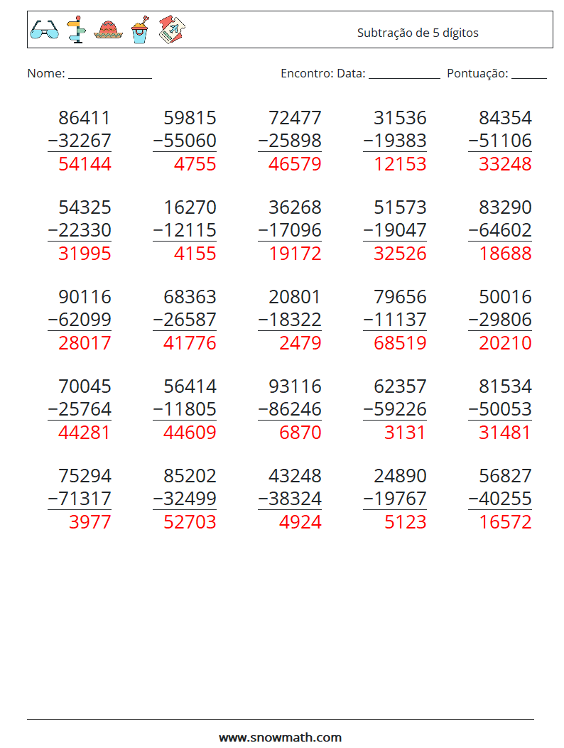 (25) Subtração de 5 dígitos planilhas matemáticas 10 Pergunta, Resposta