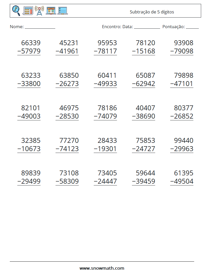 (25) Subtração de 5 dígitos planilhas matemáticas 11