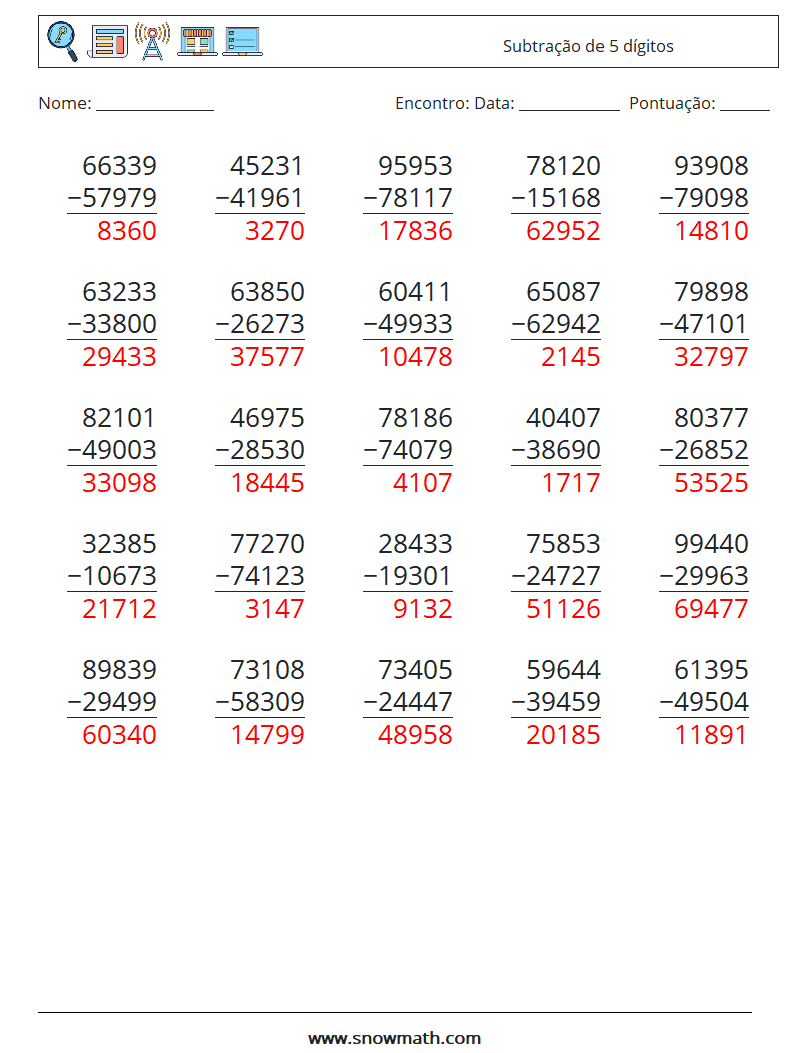 (25) Subtração de 5 dígitos planilhas matemáticas 11 Pergunta, Resposta