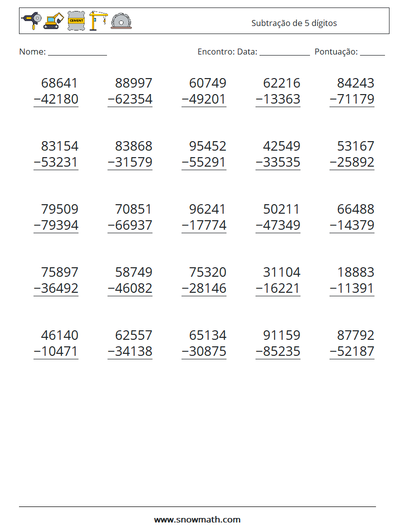 (25) Subtração de 5 dígitos planilhas matemáticas 12