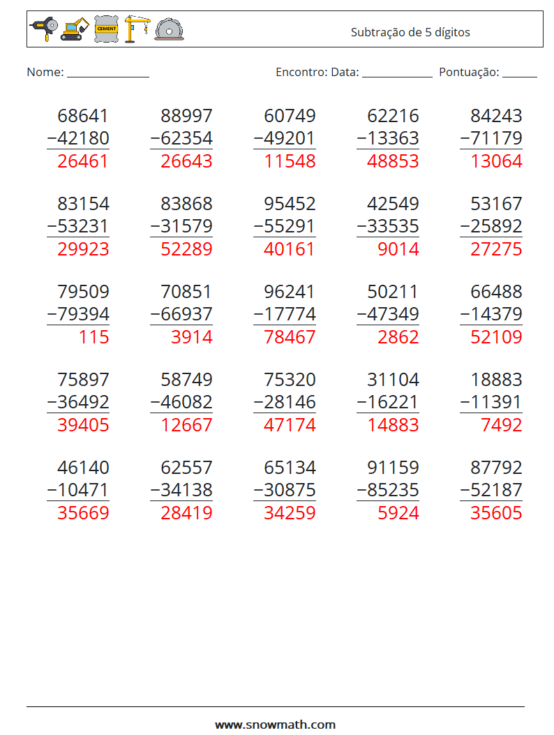 (25) Subtração de 5 dígitos planilhas matemáticas 12 Pergunta, Resposta