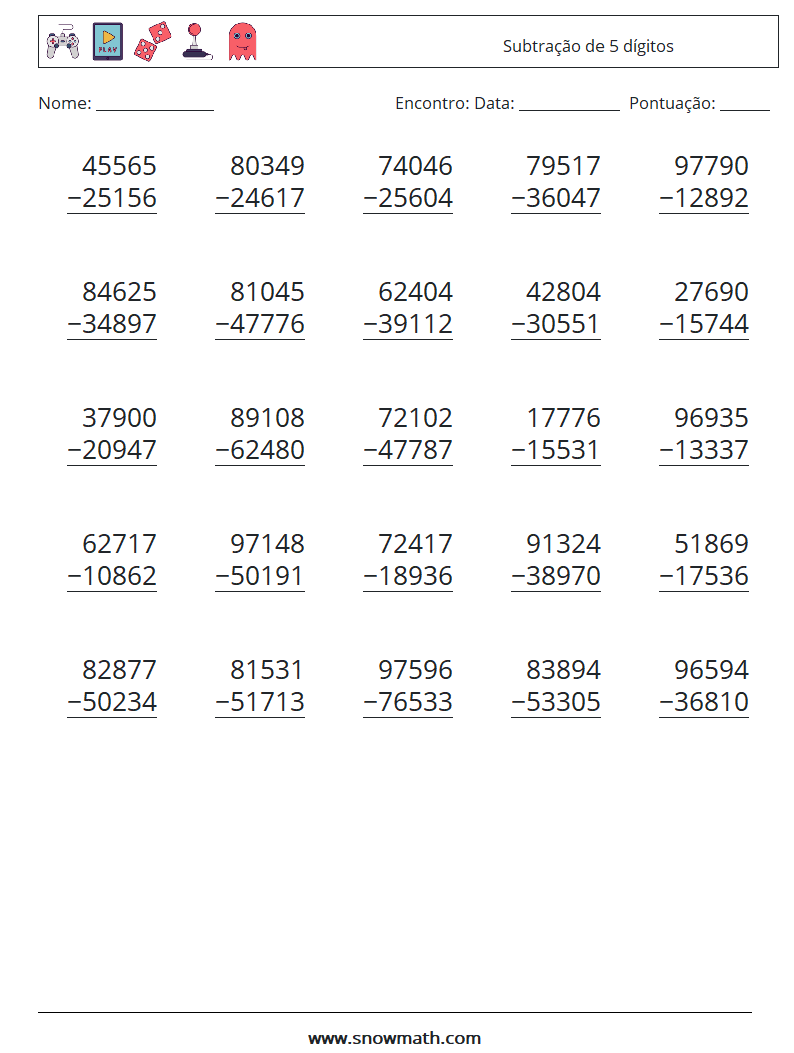 (25) Subtração de 5 dígitos planilhas matemáticas 13