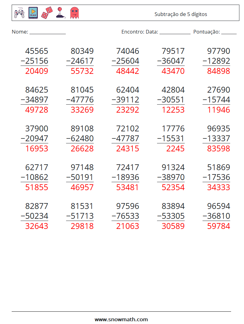 (25) Subtração de 5 dígitos planilhas matemáticas 13 Pergunta, Resposta