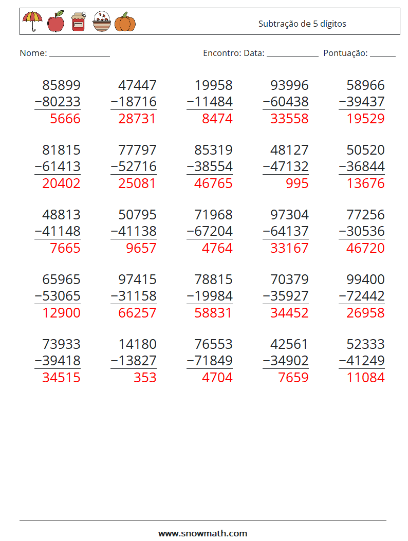 (25) Subtração de 5 dígitos planilhas matemáticas 14 Pergunta, Resposta