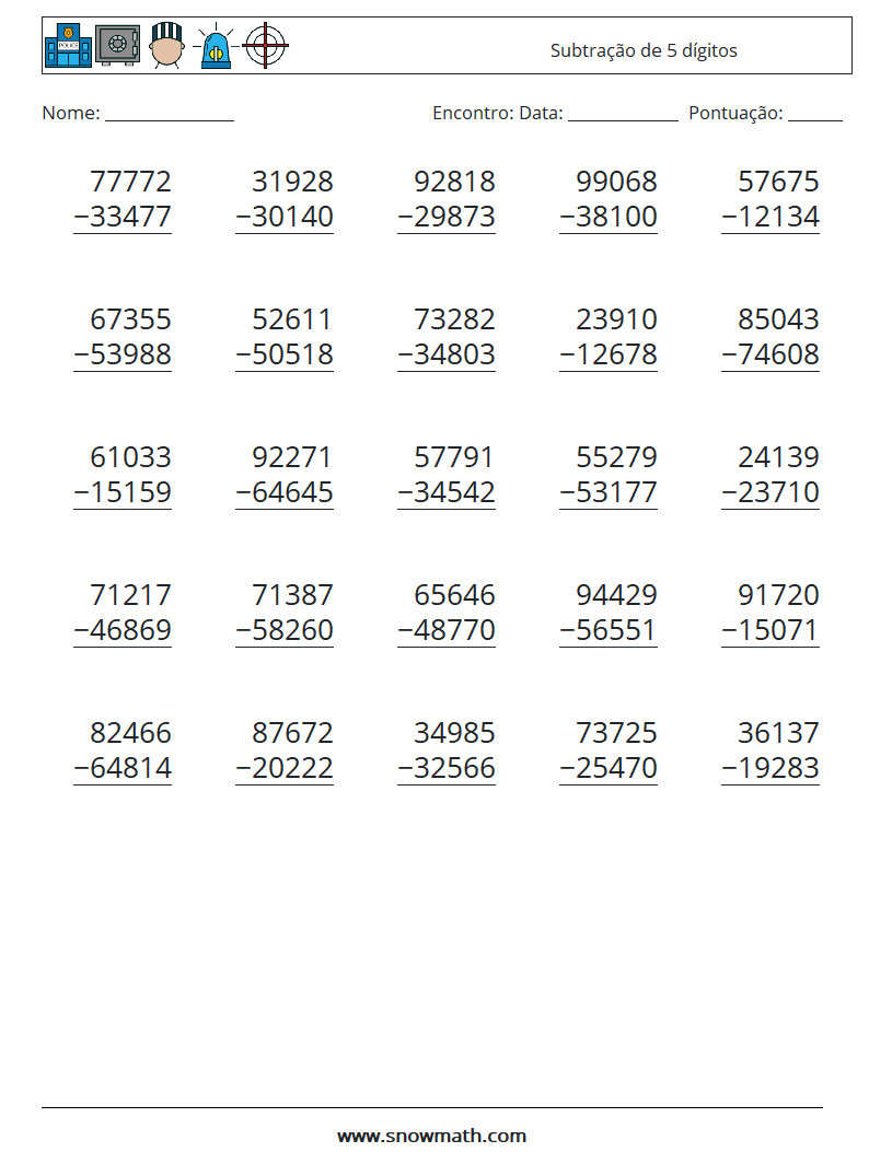 (25) Subtração de 5 dígitos planilhas matemáticas 15