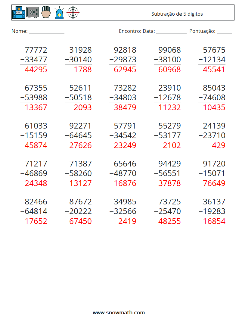 (25) Subtração de 5 dígitos planilhas matemáticas 15 Pergunta, Resposta