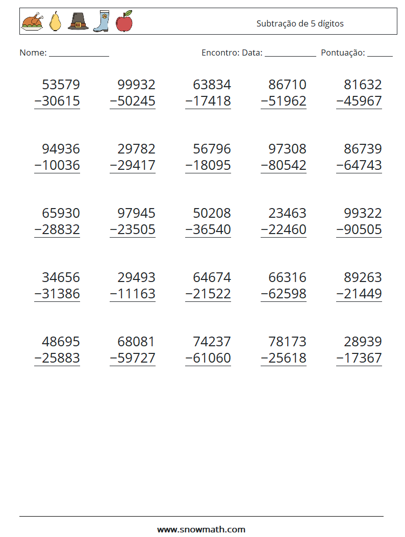 (25) Subtração de 5 dígitos planilhas matemáticas 16