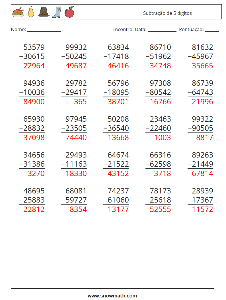 (25) Subtração de 5 dígitos planilhas matemáticas 16 Pergunta, Resposta