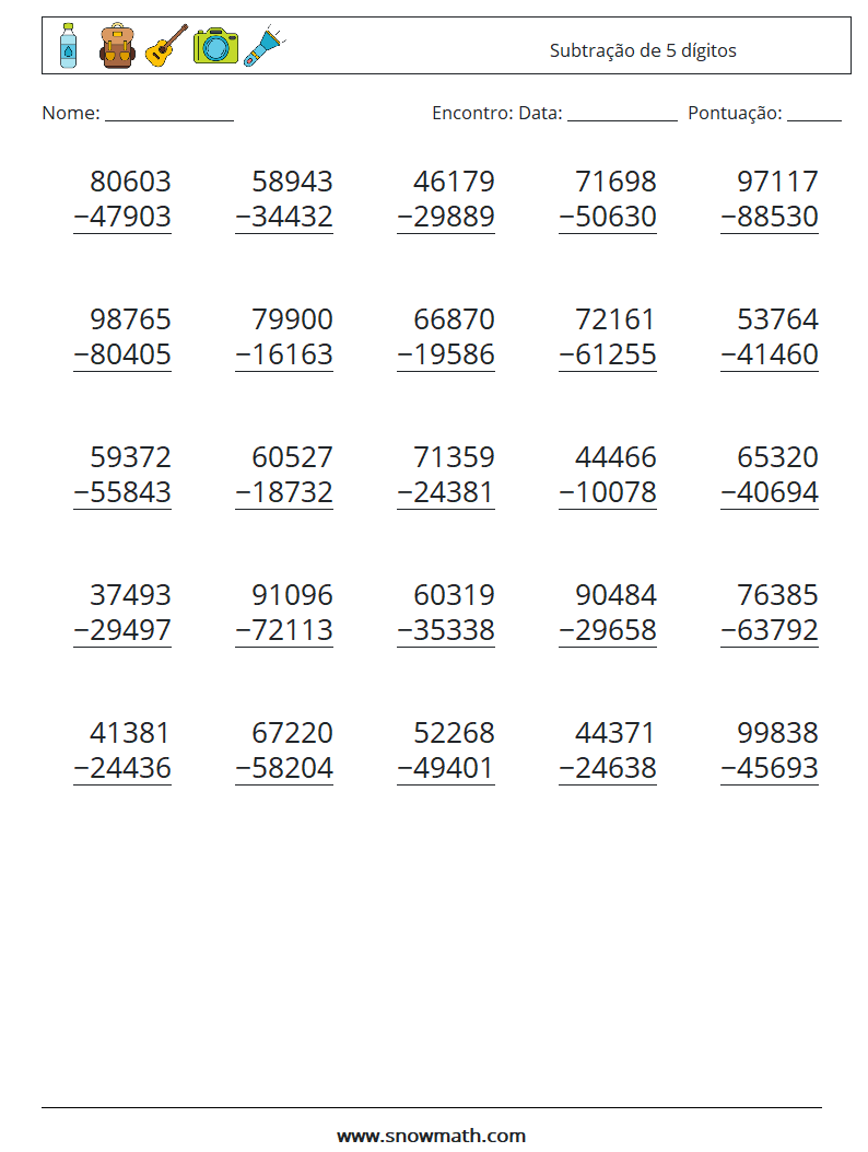 (25) Subtração de 5 dígitos planilhas matemáticas 18