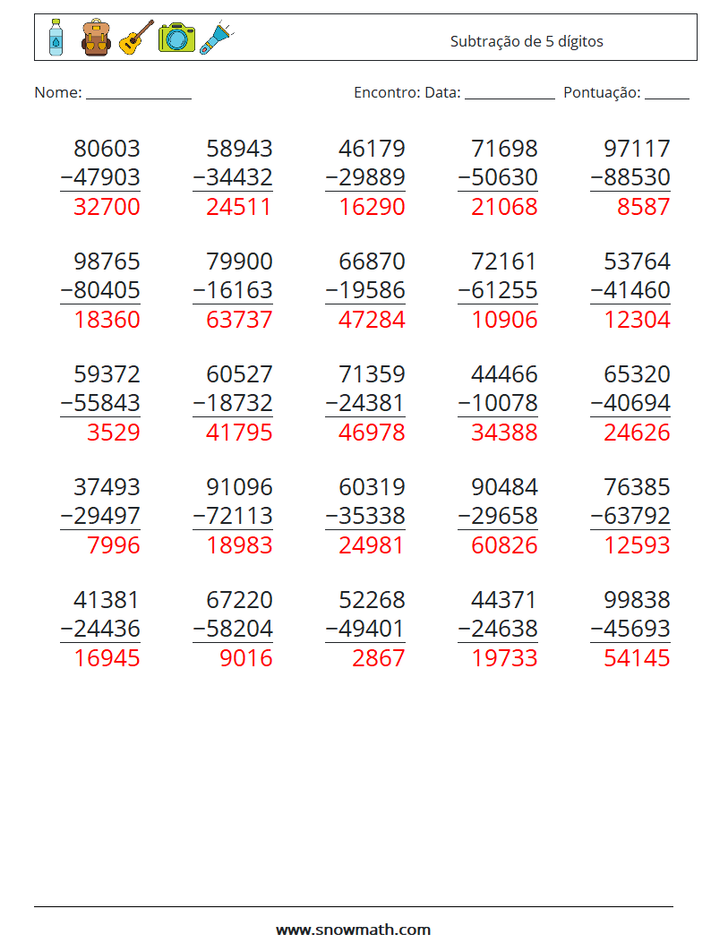 (25) Subtração de 5 dígitos planilhas matemáticas 18 Pergunta, Resposta