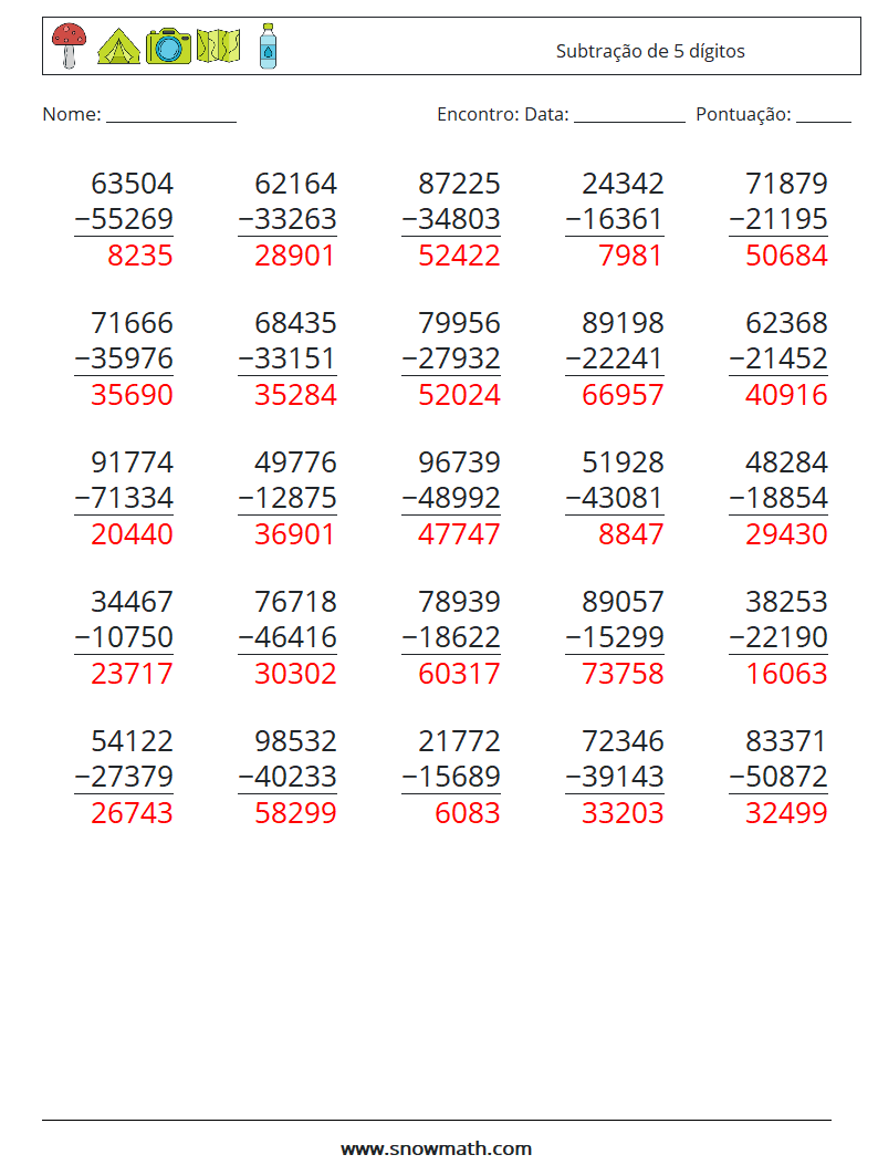 (25) Subtração de 5 dígitos planilhas matemáticas 1 Pergunta, Resposta