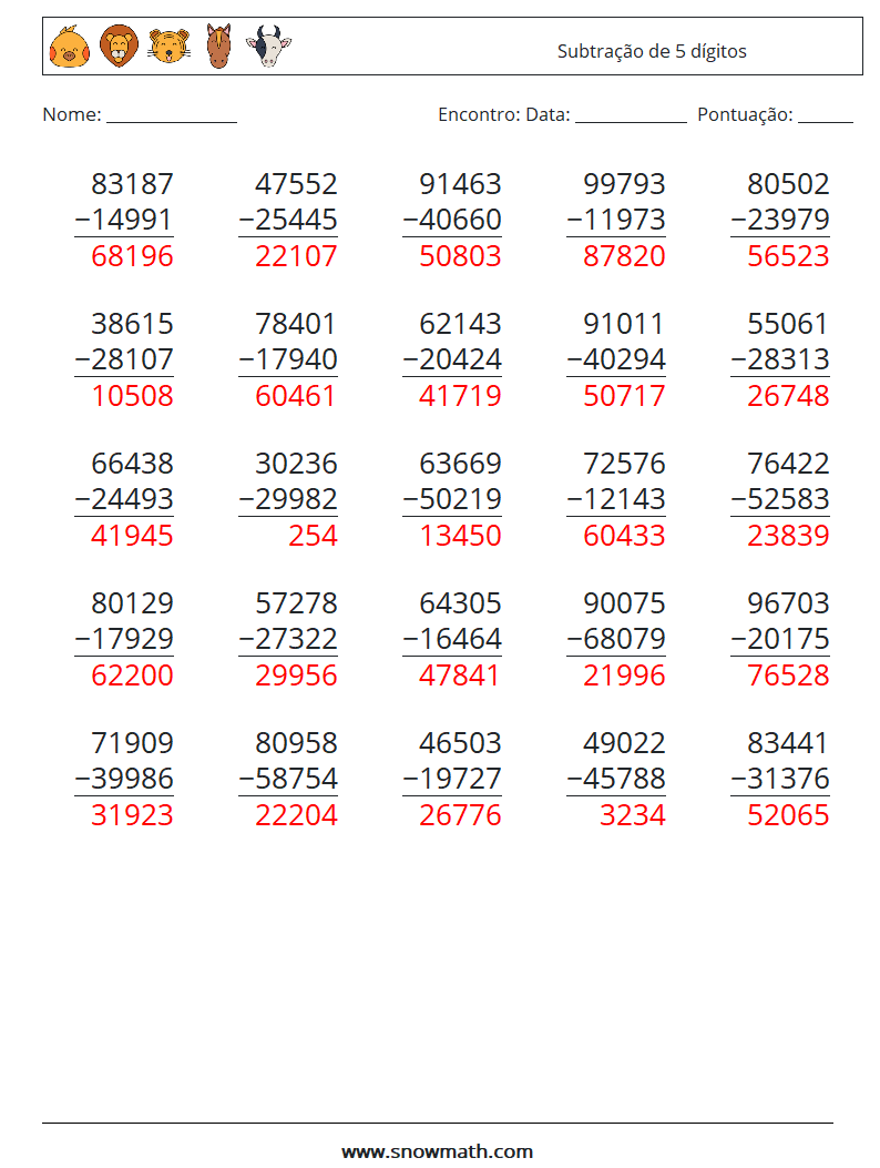 (25) Subtração de 5 dígitos planilhas matemáticas 2 Pergunta, Resposta