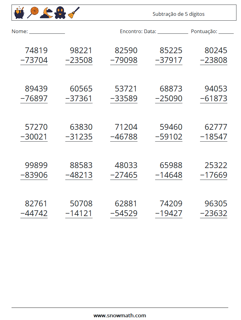 (25) Subtração de 5 dígitos planilhas matemáticas 3