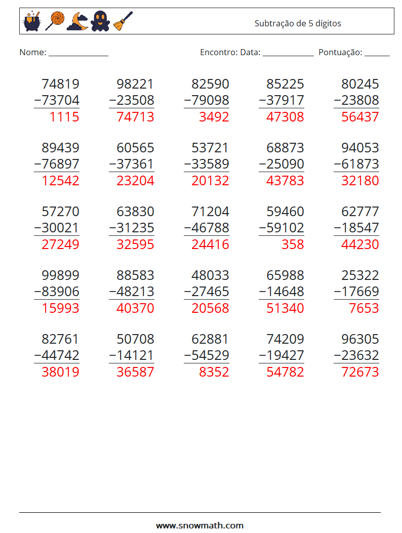 (25) Subtração de 5 dígitos planilhas matemáticas 3 Pergunta, Resposta