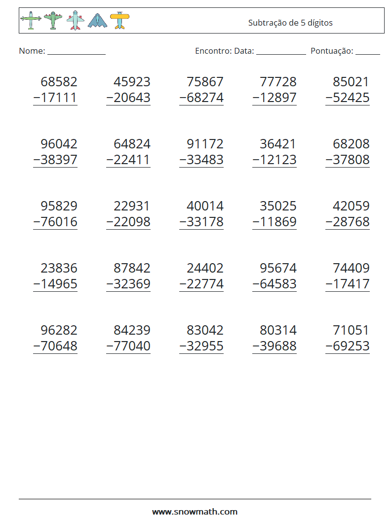 (25) Subtração de 5 dígitos planilhas matemáticas 4