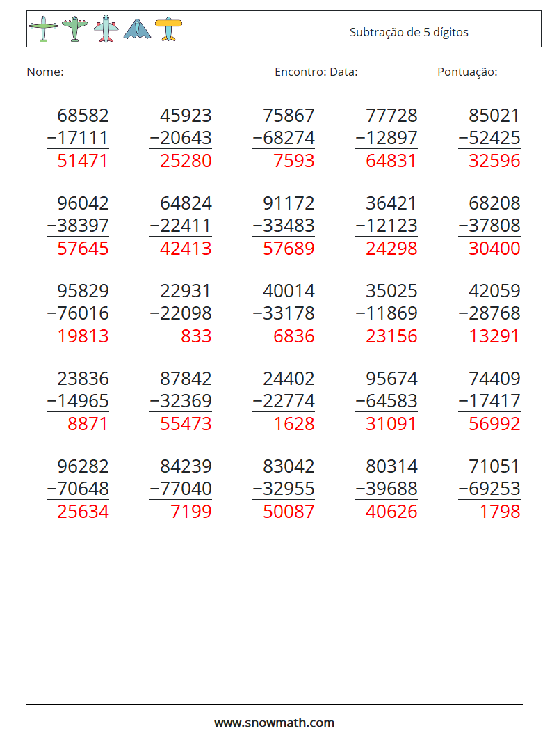 (25) Subtração de 5 dígitos planilhas matemáticas 4 Pergunta, Resposta