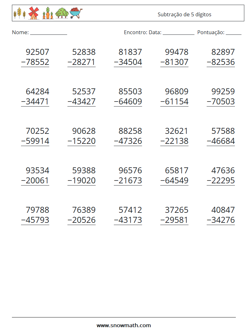 (25) Subtração de 5 dígitos planilhas matemáticas 5