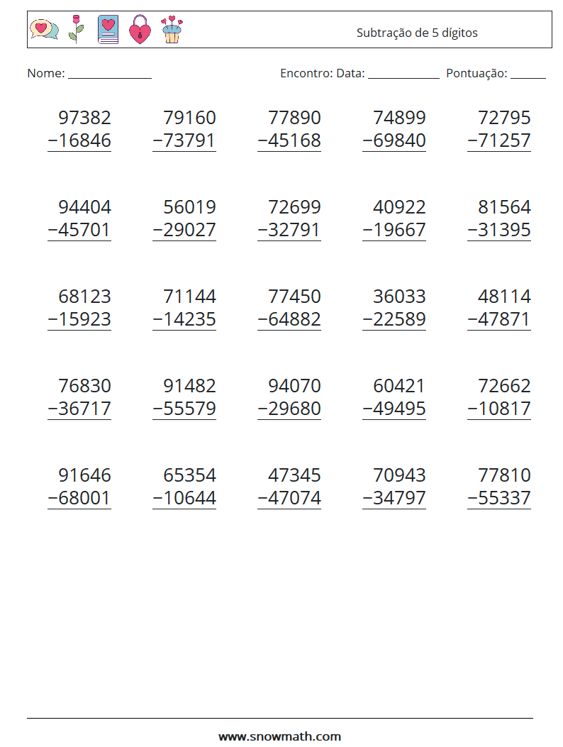 (25) Subtração de 5 dígitos planilhas matemáticas 6