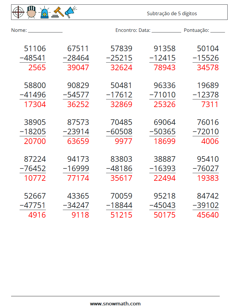 (25) Subtração de 5 dígitos planilhas matemáticas 8 Pergunta, Resposta