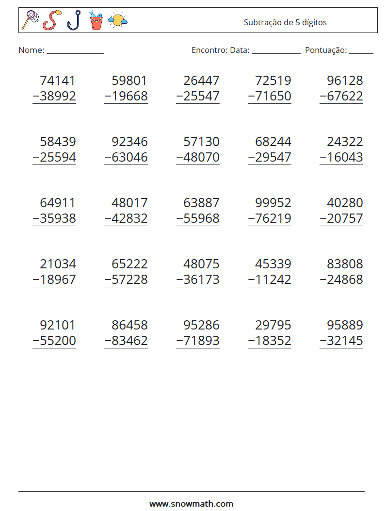 (25) Subtração de 5 dígitos planilhas matemáticas 9