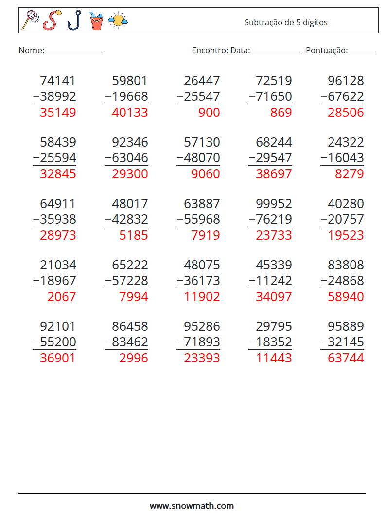 (25) Subtração de 5 dígitos planilhas matemáticas 9 Pergunta, Resposta