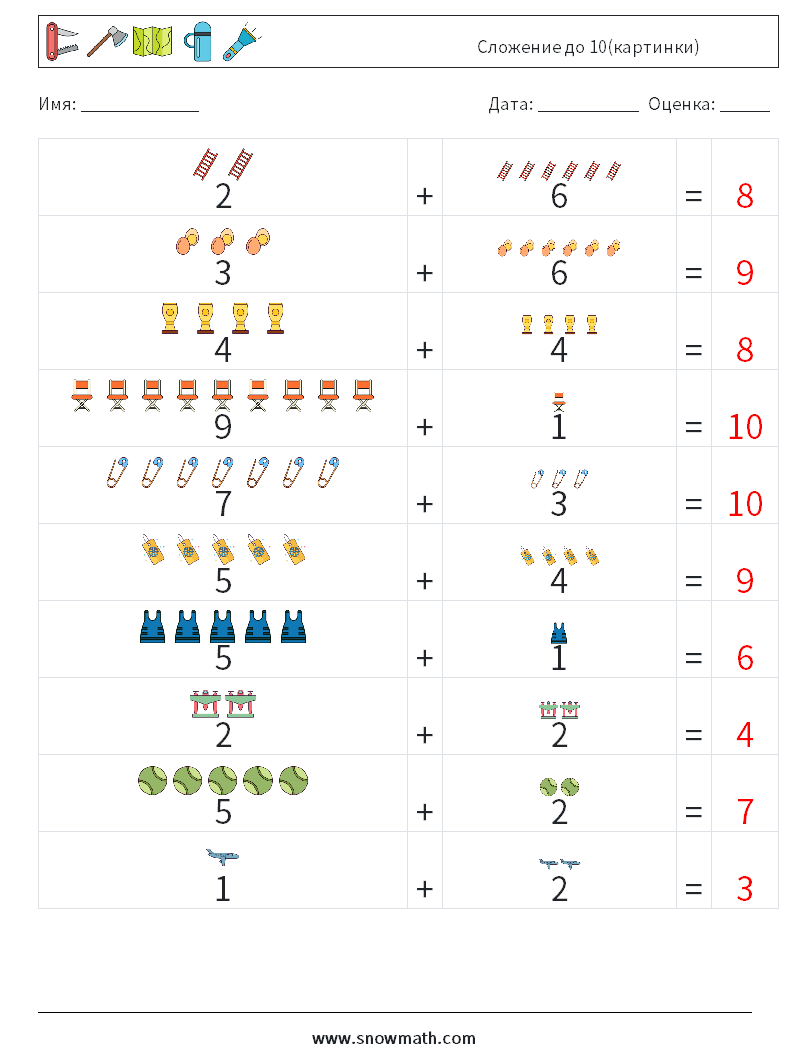 Сложение до 10(картинки) Рабочие листы по математике 15 Вопрос, ответ