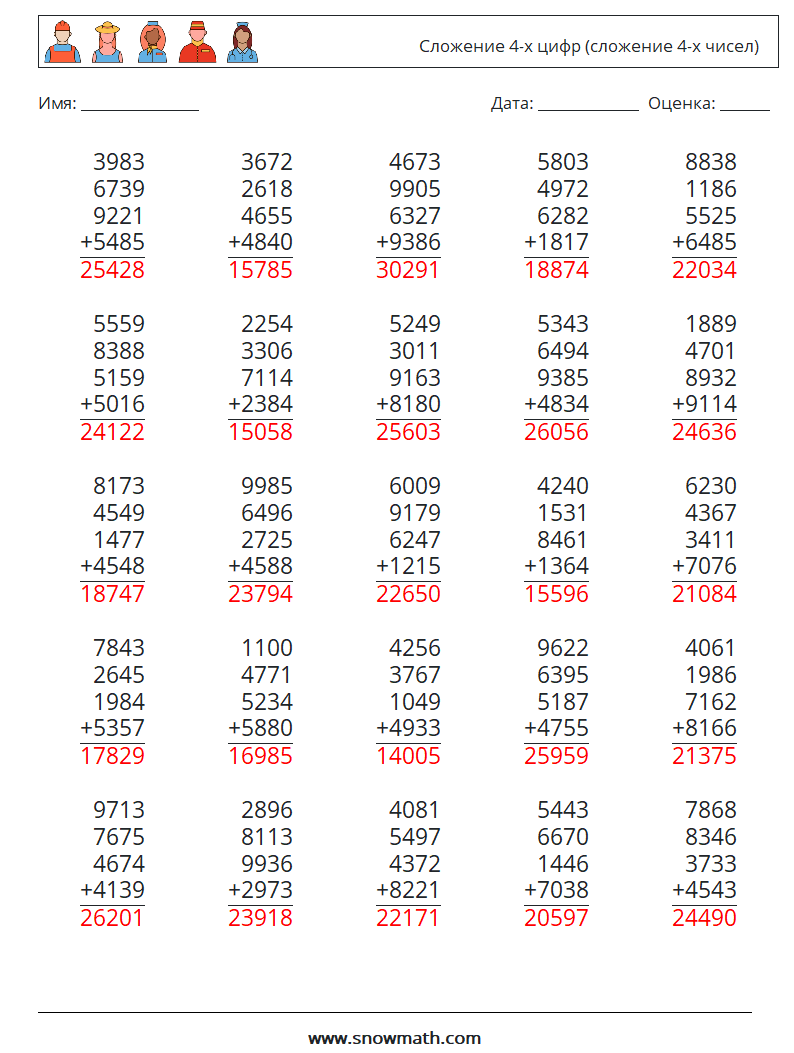 (25) Сложение 4-х цифр (сложение 4-х чисел) Рабочие листы по математике 11 Вопрос, ответ