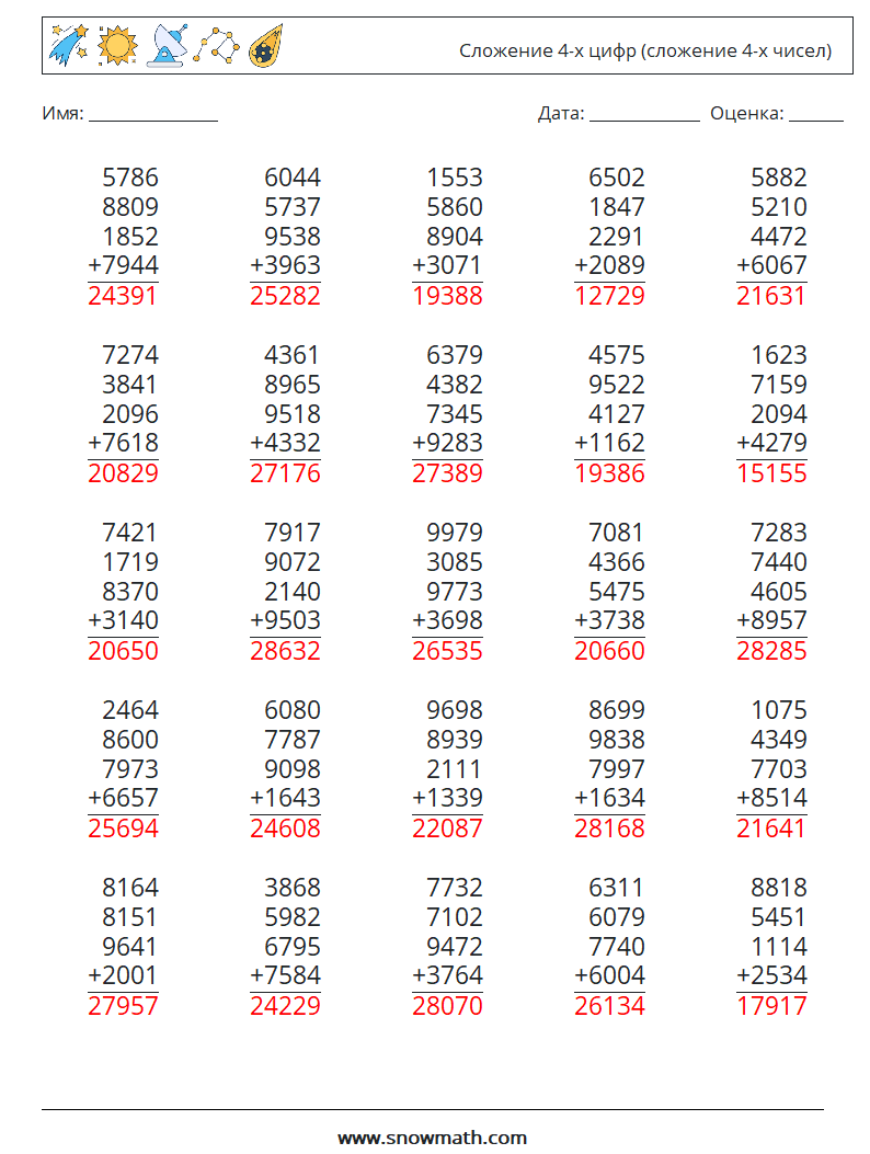 (25) Сложение 4-х цифр (сложение 4-х чисел) Рабочие листы по математике 12 Вопрос, ответ