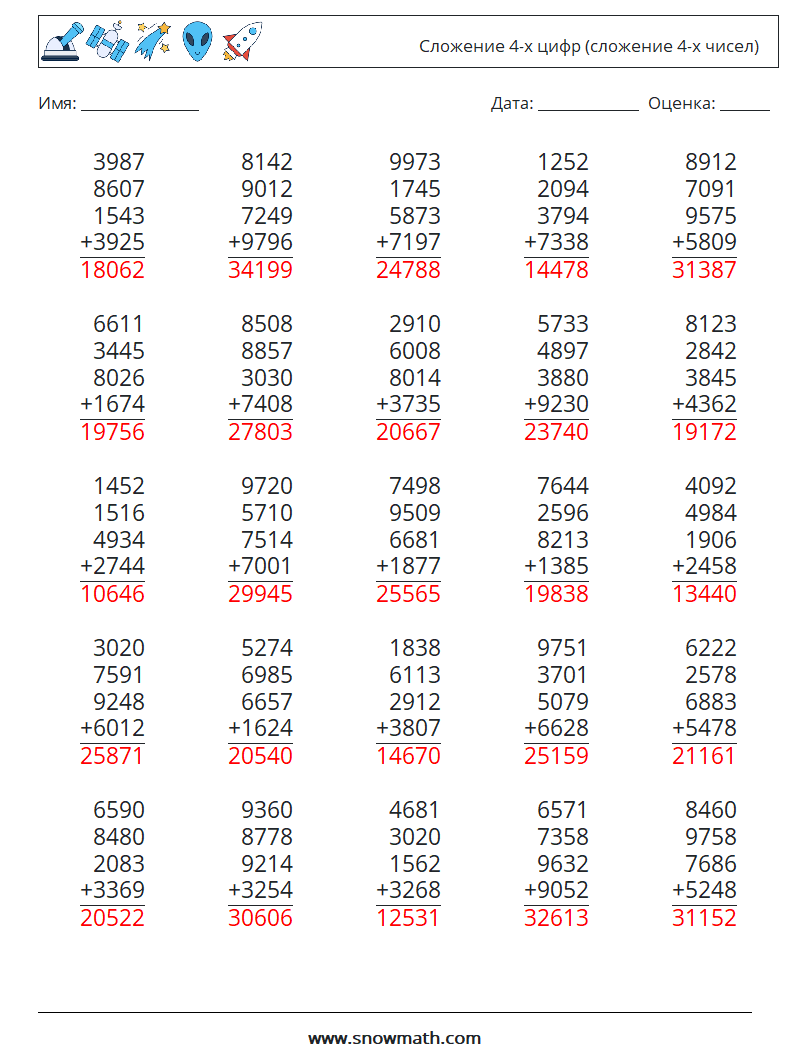 (25) Сложение 4-х цифр (сложение 4-х чисел) Рабочие листы по математике 3 Вопрос, ответ