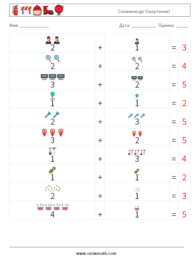 Сложение до 5(картинки) Рабочие листы по математике 13 Вопрос, ответ