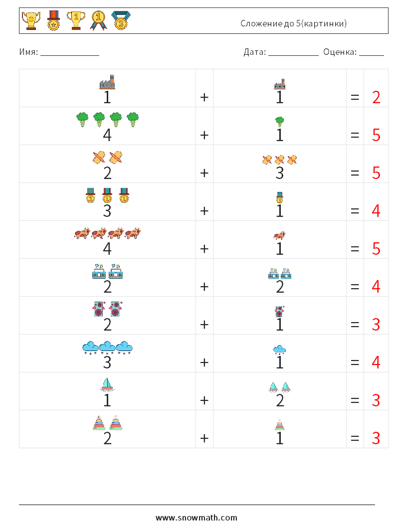 Сложение до 5(картинки) Рабочие листы по математике 4 Вопрос, ответ